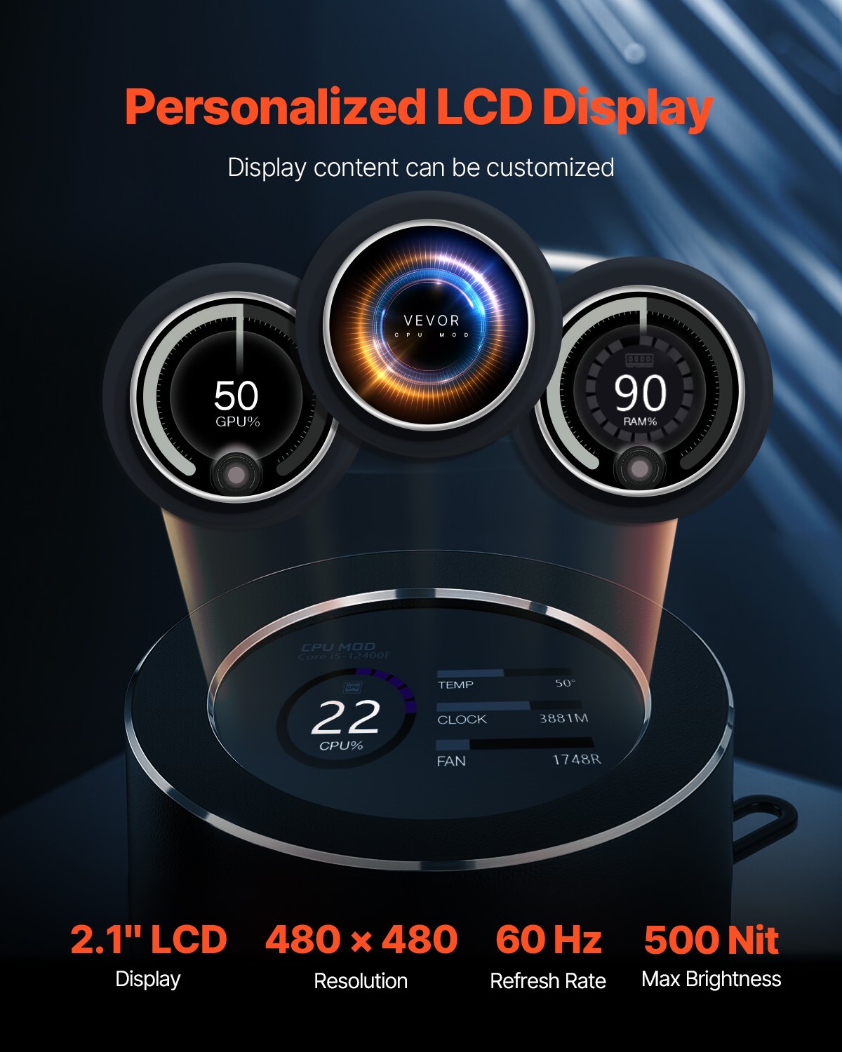 VEVOR CPU Liquid Cooler, AIO CPU Water Cooler – 120mm PWM Fan & Pump, PC Water Cooling with 5.3cm LCD Display & ARGB Lighting, for Intel 115X/1366/2011/1700/1200, AMD AM4/AM5