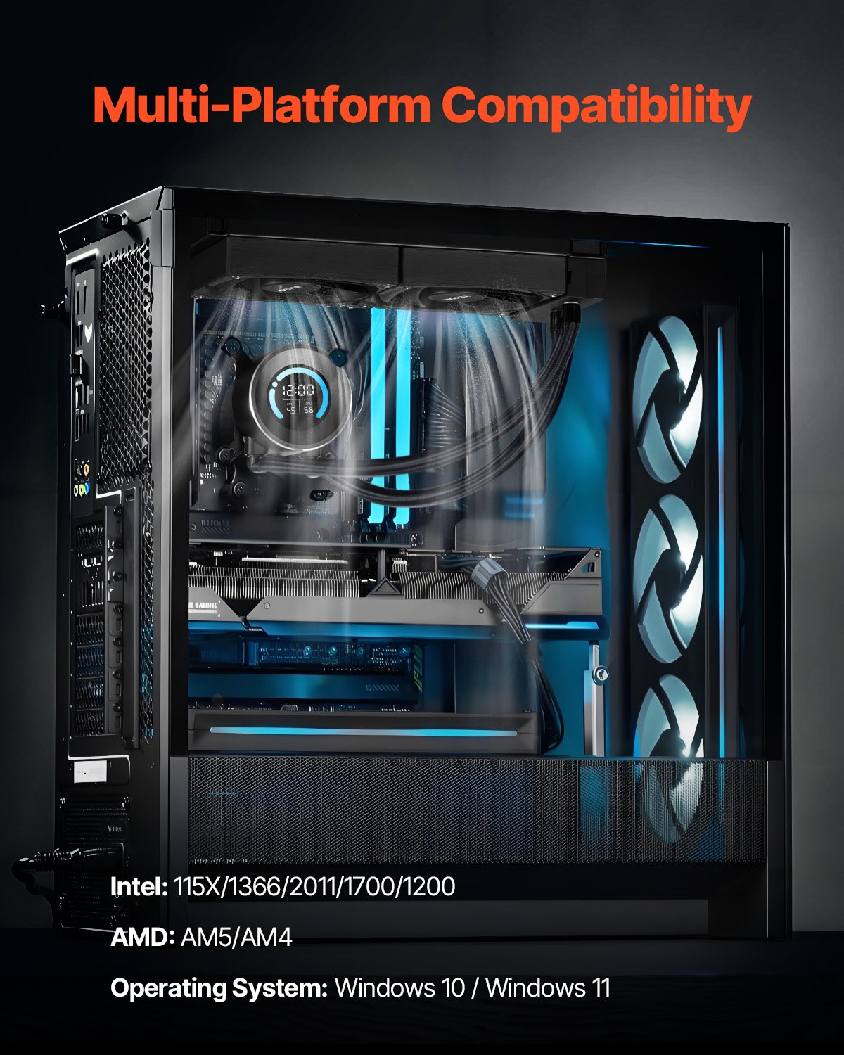 VEVOR Liquid Cooler, AIO CPU Water Cooler, 120 mm PWM Fan, 4.6 cm Display, Max. 2200 RPM CPU Cooler Fan, PC Water Cooling for Intel 115X/1366/2011/1700/1200, AMD AM4/AM5