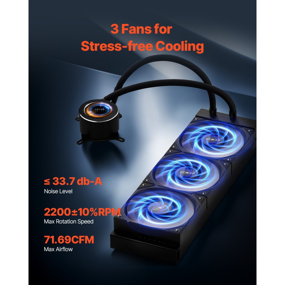 VEVOR CPU Liquid Cooler, AIO CPU Water Cooler, 3x 120 mm PWM Fans, Pump & 53 mm LCD Display, Max. 2200 RPM CPU Cooler Fans, Compatible with Intel 115X/1366/2011/1700/1200, AMD AM4/AM5