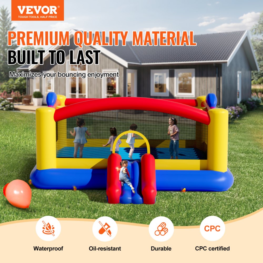 VEVOR Inflatable Bouncy Castle, High-Quality Outdoor Playhouse Trampoline, Bouncy Castle with Blower, Slide and Storage Bag, 450 x 440 x 203 cm Bouncy Castle for the Family Garden