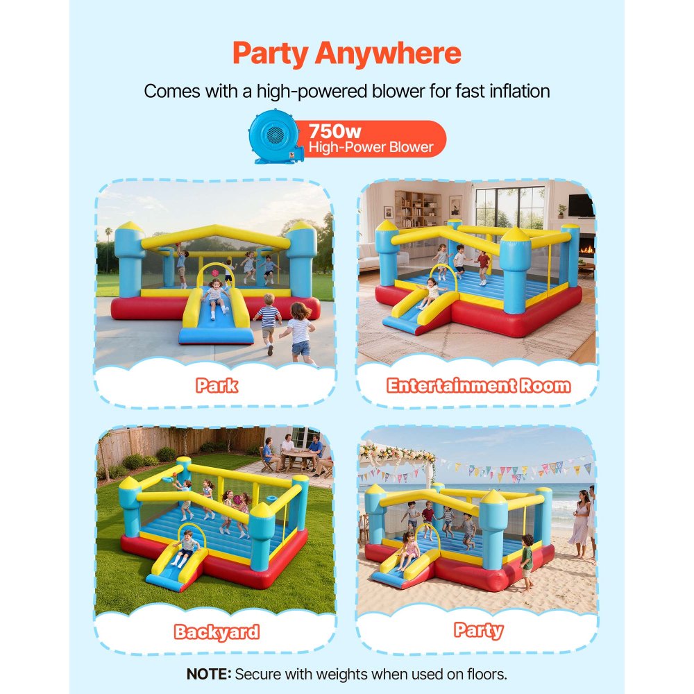 VEVOR Castillo Hinchable con Soplador 448 x 420 x 207 cm, Parque Infantil Inflable con Tobogán, Aro de Baloncesto, Zona de Salto, Baloncestos de PVC para 3 a 4 Niños de 3 a 8 Años para Patio, Jardín