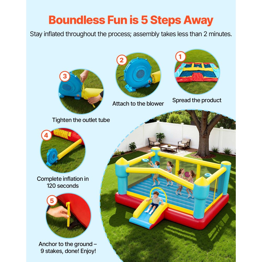 VEVOR Castillo Hinchable con Soplador 448 x 420 x 207 cm, Parque Infantil Inflable con Tobogán, Aro de Baloncesto, Zona de Salto, Baloncestos de PVC para 3 a 4 Niños de 3 a 8 Años para Patio, Jardín