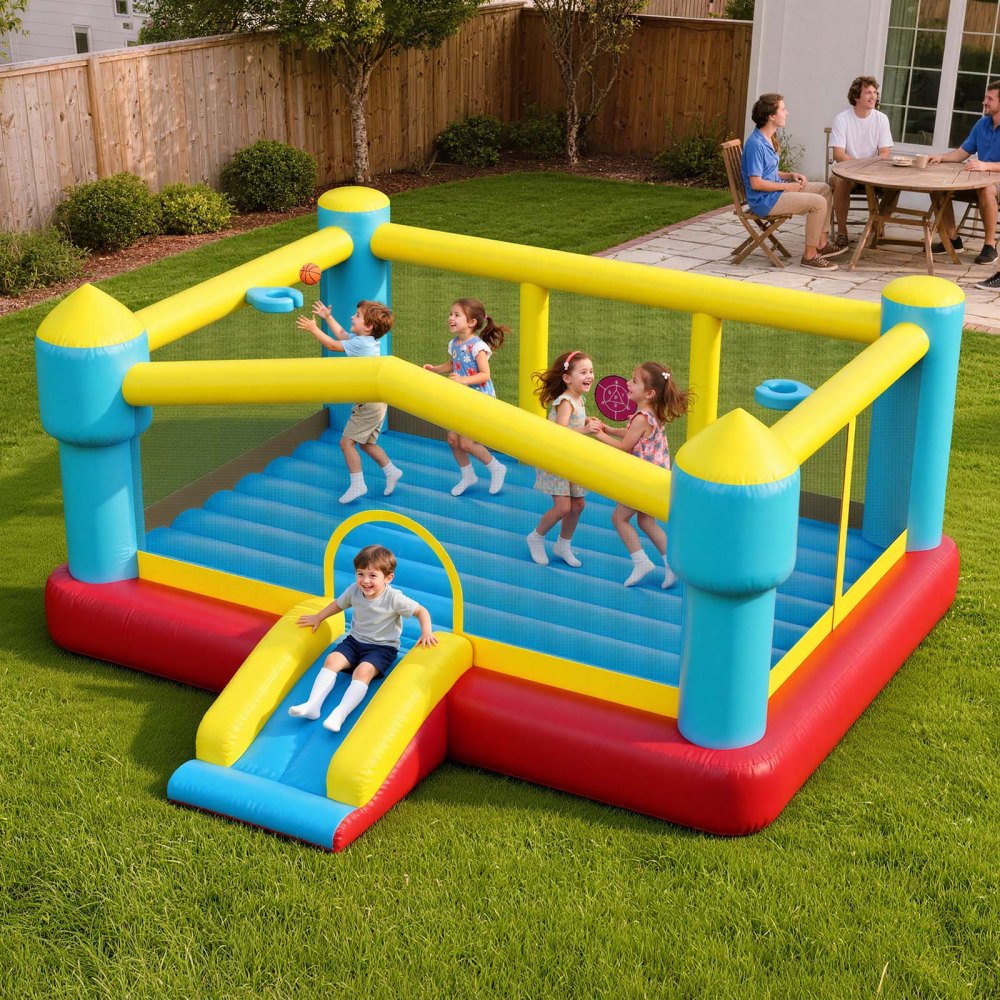 VEVOR Castillo Hinchable con Soplador 448 x 420 x 207 cm, Parque Infantil Inflable con Tobogán, Aro de Baloncesto, Zona de Salto, Baloncestos de PVC para 3 a 4 Niños de 3 a 8 Años para Patio, Jardín