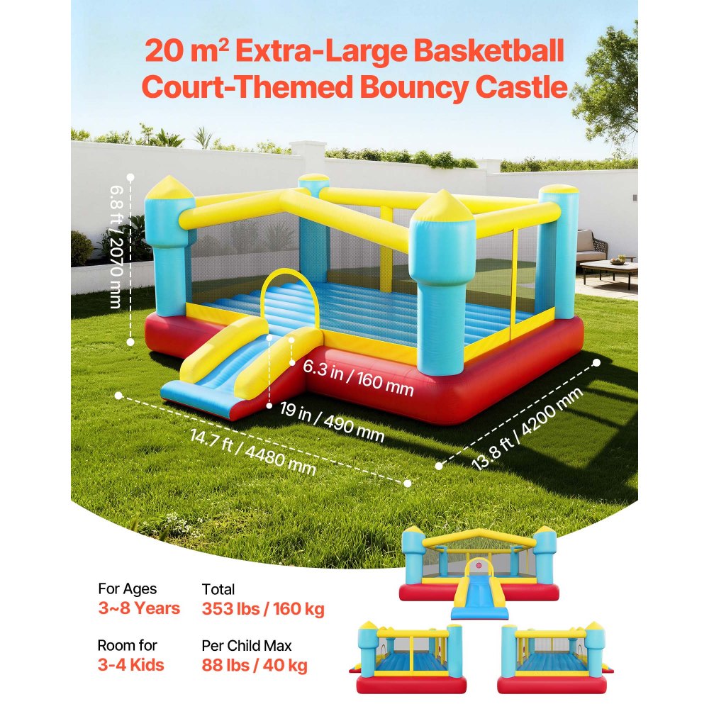 VEVOR Castillo Hinchable con Soplador 448 x 420 x 207 cm, Parque Infantil Inflable con Tobogán, Aro de Baloncesto, Zona de Salto, Baloncestos de PVC para 3 a 4 Niños de 3 a 8 Años para Patio, Jardín