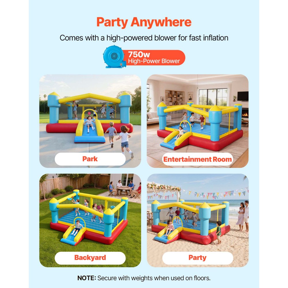 VEVOR Castillo Hinchable con Soplador 448 x 420 x 207 cm, Parque Infantil Inflable con Tobogán, Aro de Baloncesto, Zona de Salto, Baloncestos de PVC para 3 a 4 Niños de 3 a 8 Años para Patio, Jardín