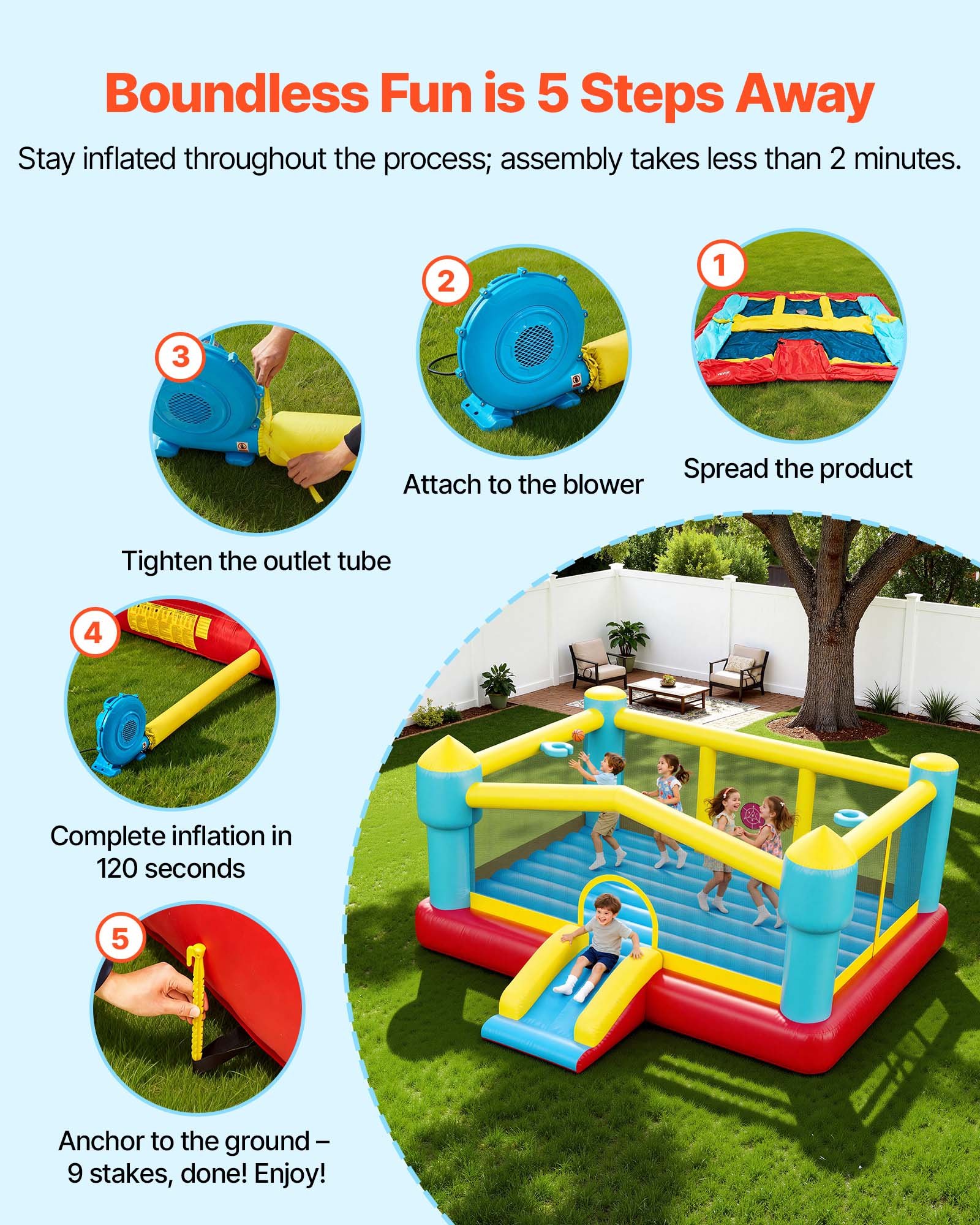 VEVOR Castillo Hinchable con Soplador 448 x 420 x 207 cm, Parque Infantil Inflable con Tobogán, Aro de Baloncesto, Zona de Salto, Baloncestos de PVC para 3 a 4 Niños de 3 a 8 Años para Patio, Jardín