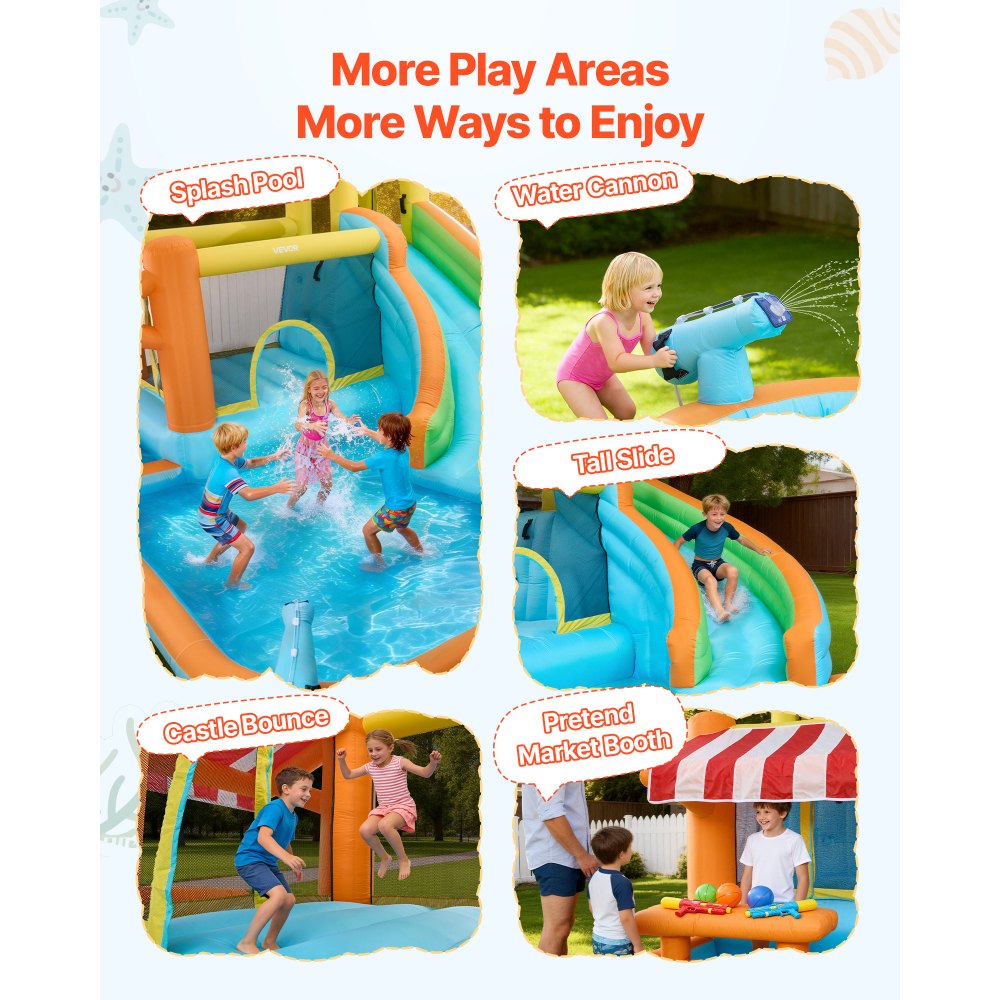 VEVOR Castillo Hinchable 455 x 390 x 238 cm, Parque Infantil Inflable con Tobogán Acuático, Rebotes, Piscina de Chapoteo y Puesto de Mercado de Simulación para 3 a 4 Niños de 3 a 8 Años, para Jardín