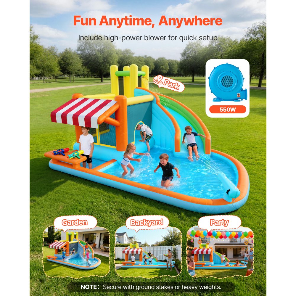 VEVOR Castillo Hinchable 455 x 390 x 238 cm, Parque Infantil Inflable con Tobogán Acuático, Rebotes, Piscina de Chapoteo y Puesto de Mercado de Simulación para 3 a 4 Niños de 3 a 8 Años, para Jardín