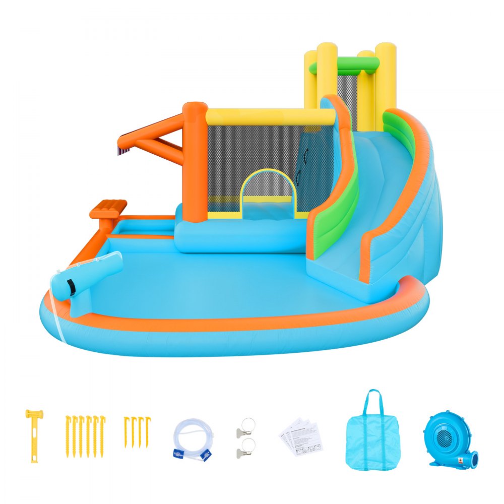VEVOR Castillo Hinchable 455 x 390 x 238 cm, Parque Infantil Inflable con Tobogán Acuático, Rebotes, Piscina de Chapoteo y Puesto de Mercado de Simulación para 3 a 4 Niños de 3 a 8 Años, para Jardín