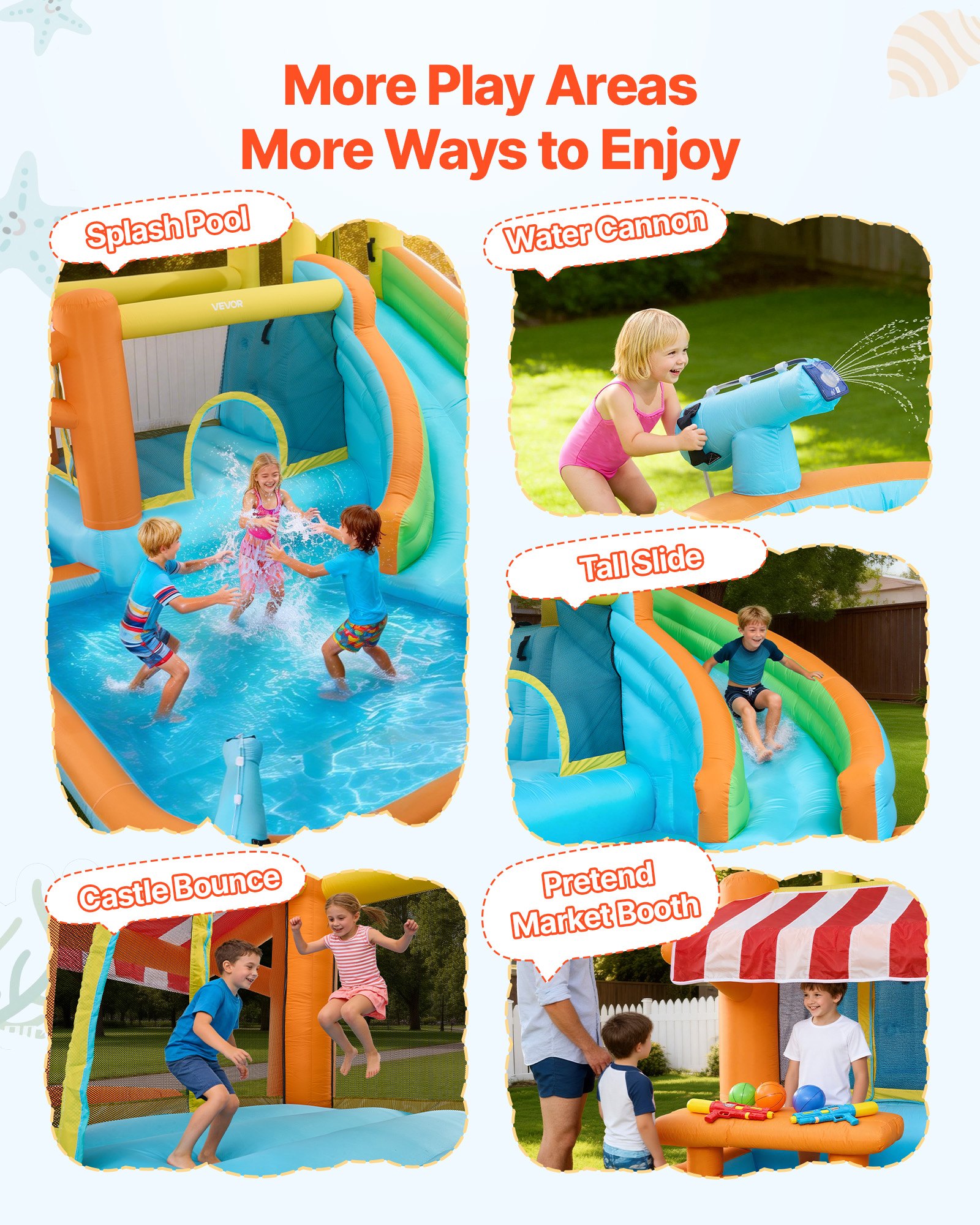VEVOR Castillo Hinchable 455 x 390 x 238 cm, Parque Infantil Inflable con Tobogán Acuático, Rebotes, Piscina de Chapoteo y Puesto de Mercado de Simulación para 3 a 4 Niños de 3 a 8 Años, para Jardín