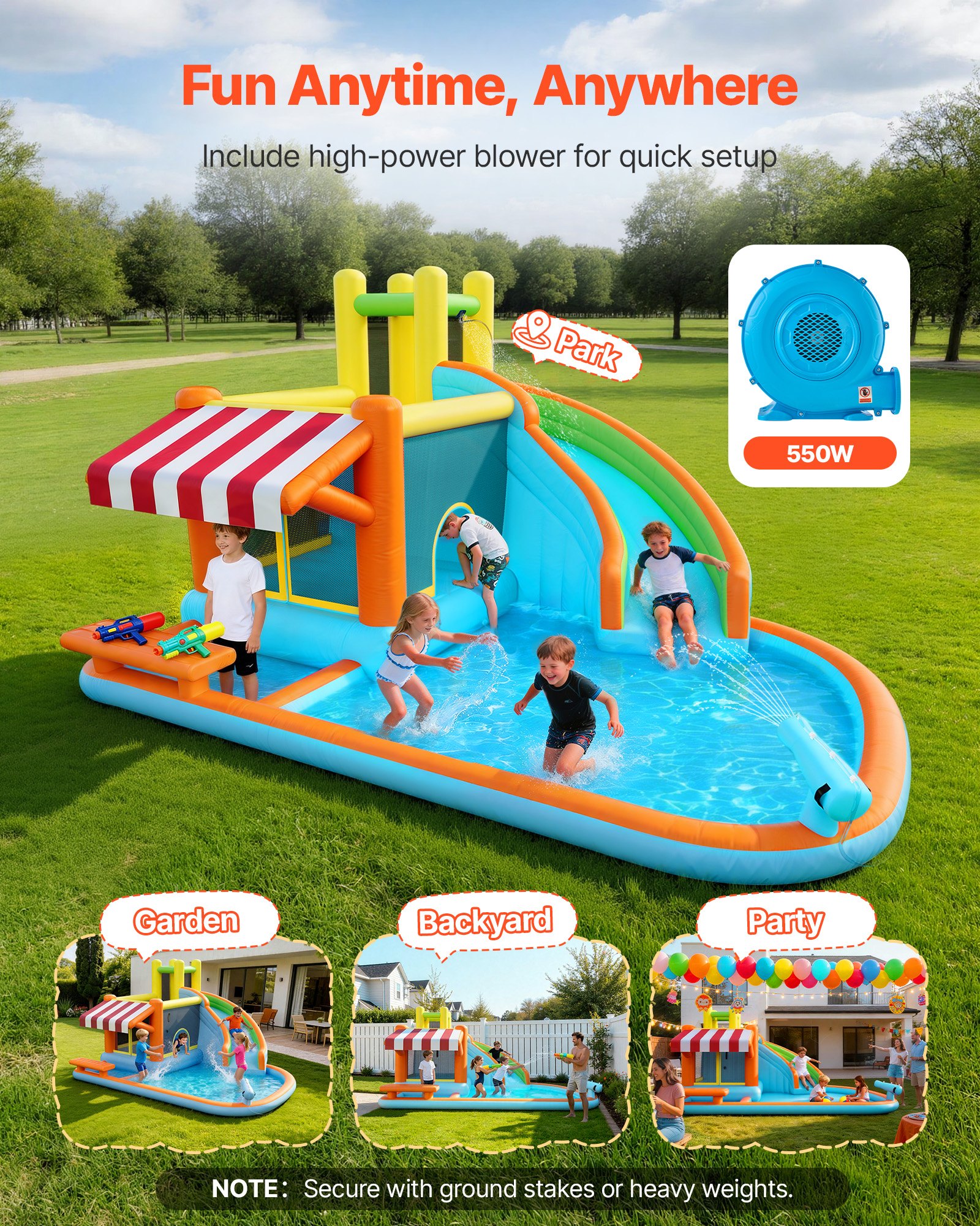 VEVOR Castillo Hinchable 455 x 390 x 238 cm, Parque Infantil Inflable con Tobogán Acuático, Rebotes, Piscina de Chapoteo y Puesto de Mercado de Simulación para 3 a 4 Niños de 3 a 8 Años, para Jardín
