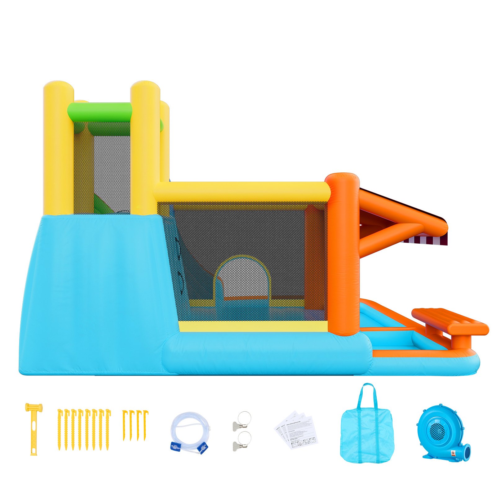 VEVOR Castillo Hinchable 455 x 390 x 238 cm, Parque Infantil Inflable con Tobogán Acuático, Rebotes, Piscina de Chapoteo y Puesto de Mercado de Simulación para 3 a 4 Niños de 3 a 8 Años, para Jardín