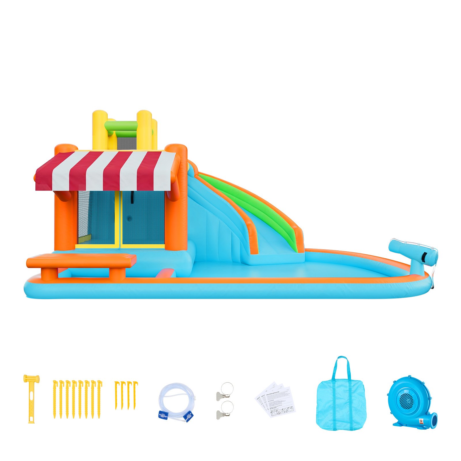 VEVOR Castillo Hinchable 455 x 390 x 238 cm, Parque Infantil Inflable con Tobogán Acuático, Rebotes, Piscina de Chapoteo y Puesto de Mercado de Simulación para 3 a 4 Niños de 3 a 8 Años, para Jardín