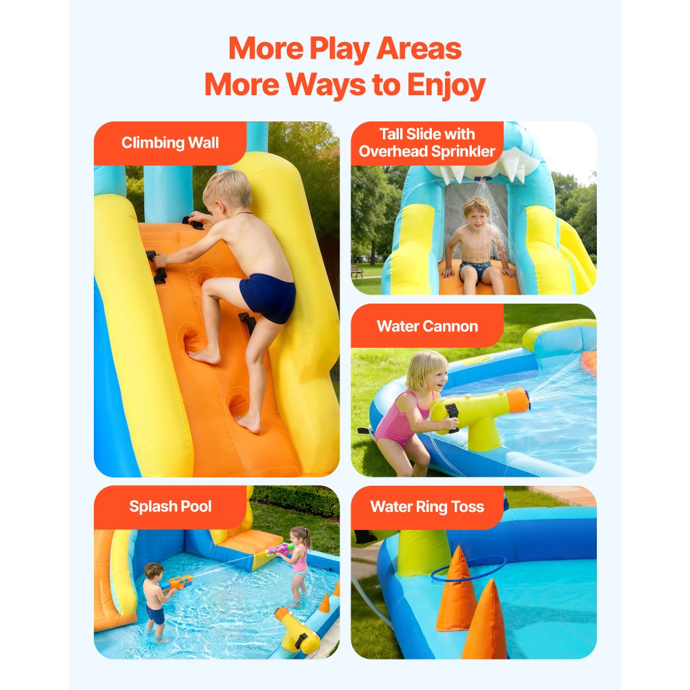 VEVOR Castillo Hinchable con Soplador 353x400x235 cm, Parque Infantil Inflable con Tobogán Acuático, Muro de Escalada, Piscina de Chapoteo, Lanzamiento de Aros de Agua para 3 a 4 Niños de 3 a 8 Años