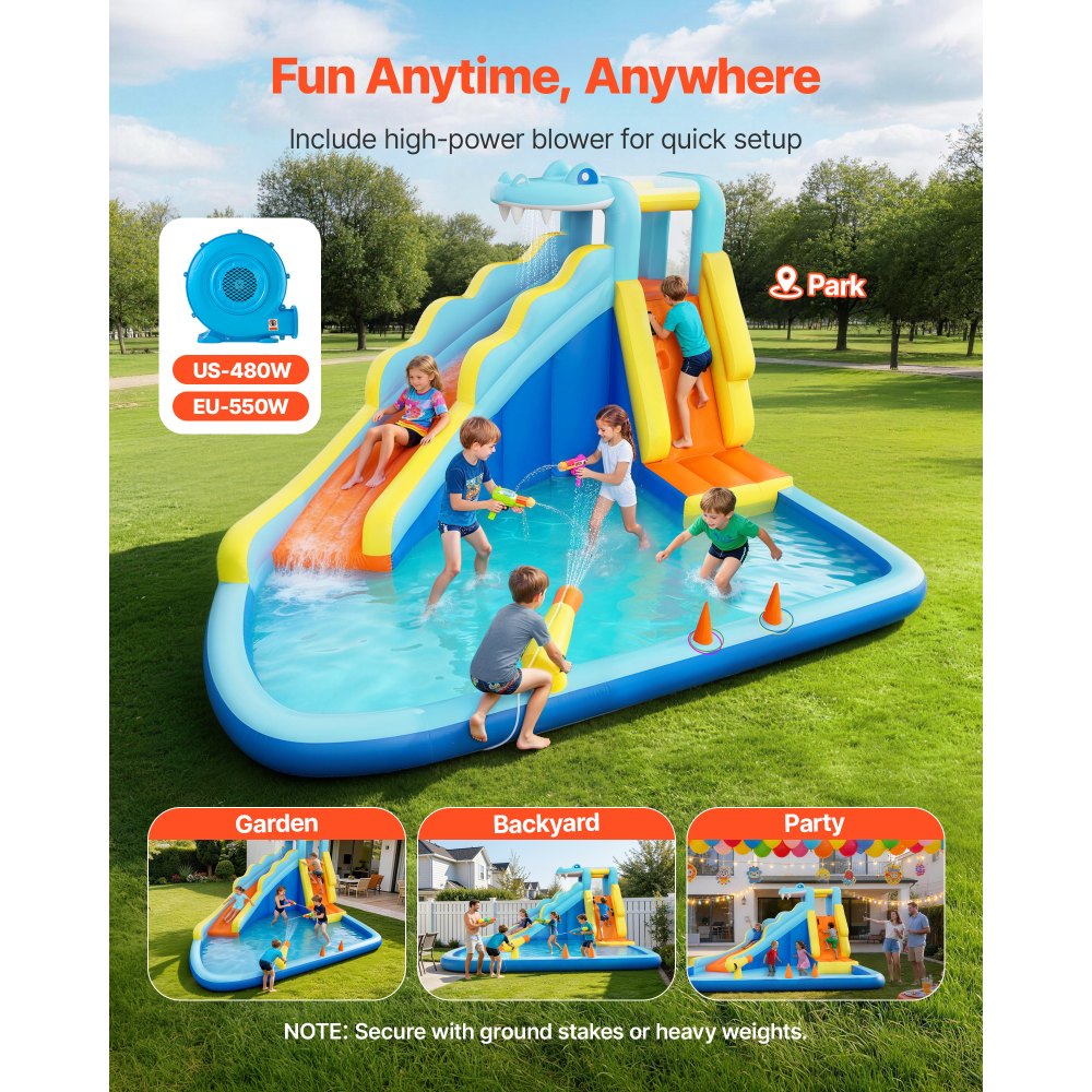 VEVOR Castillo Hinchable con Soplador 353x400x235 cm, Parque Infantil Inflable con Tobogán Acuático, Muro de Escalada, Piscina de Chapoteo, Lanzamiento de Aros de Agua para 3 a 4 Niños de 3 a 8 Años