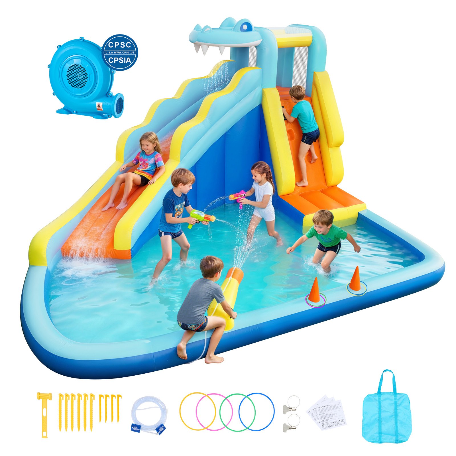 VEVOR Castillo Hinchable con Soplador 353x400x235 cm, Parque Infantil Inflable con Tobogán Acuático, Muro de Escalada, Piscina de Chapoteo, Lanzamiento de Aros de Agua para 3 a 4 Niños de 3 a 8 Años