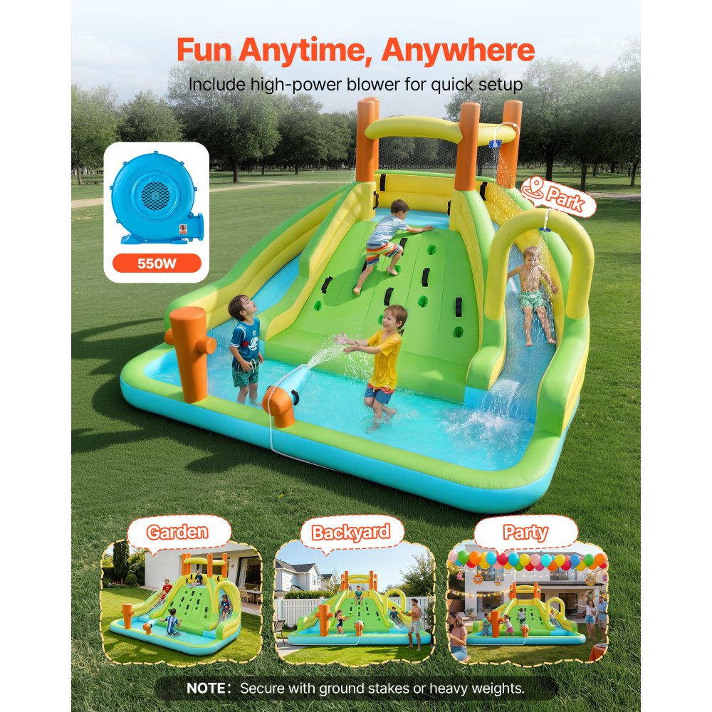 VEVOR Castillo Hinchable con Soplador 405 x 347 x 255 cm, Parque Infantil Inflable con 2 Toboganes Acuáticos, Piscina de Chapoteo, Muro de Escalada y Zona de Rebote para 3 a 4 Niños de 3 a 8 Años
