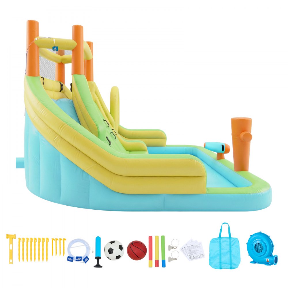 VEVOR Castillo Hinchable con Soplador 405 x 347 x 255 cm, Parque Infantil Inflable con 2 Toboganes Acuáticos, Piscina de Chapoteo, Muro de Escalada y Zona de Rebote para 3 a 4 Niños de 3 a 8 Años