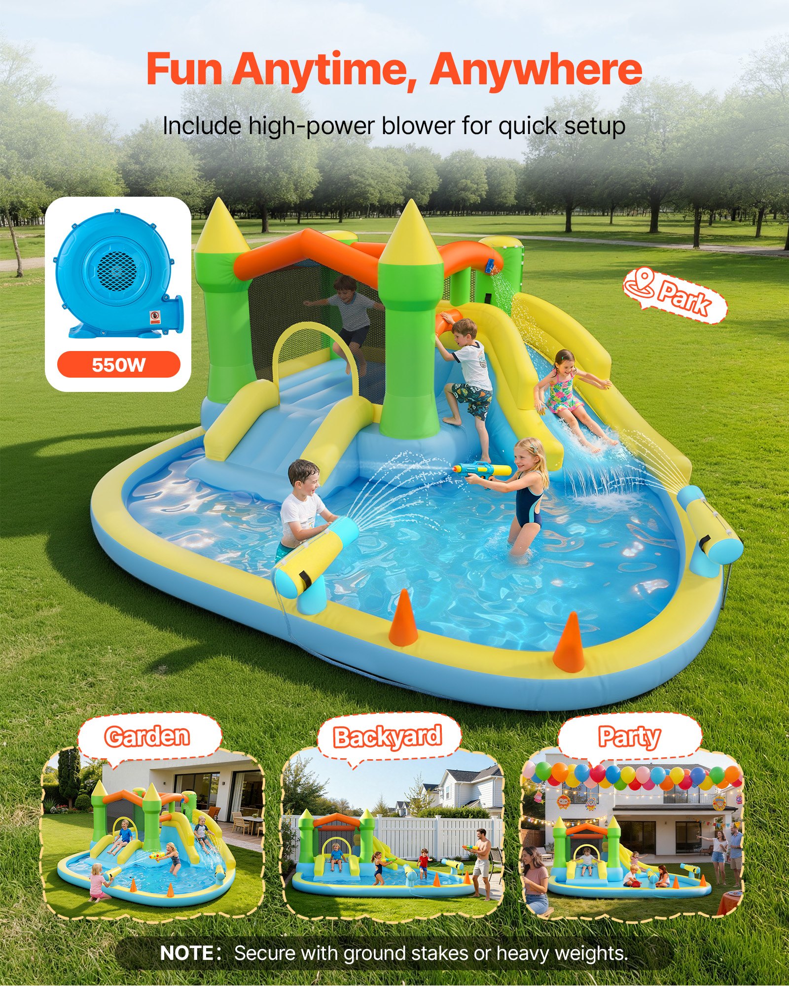 VEVOR Castillo Hinchable con Soplador 382 x 398 x 197 cm, Parque Infantil Inflable con 2 Toboganes Acuáticos, Aro de Baloncesto, Piscina de Chapoteo, Zona de Saltos, para 3 a 4 Niños de 3 a 8 Años