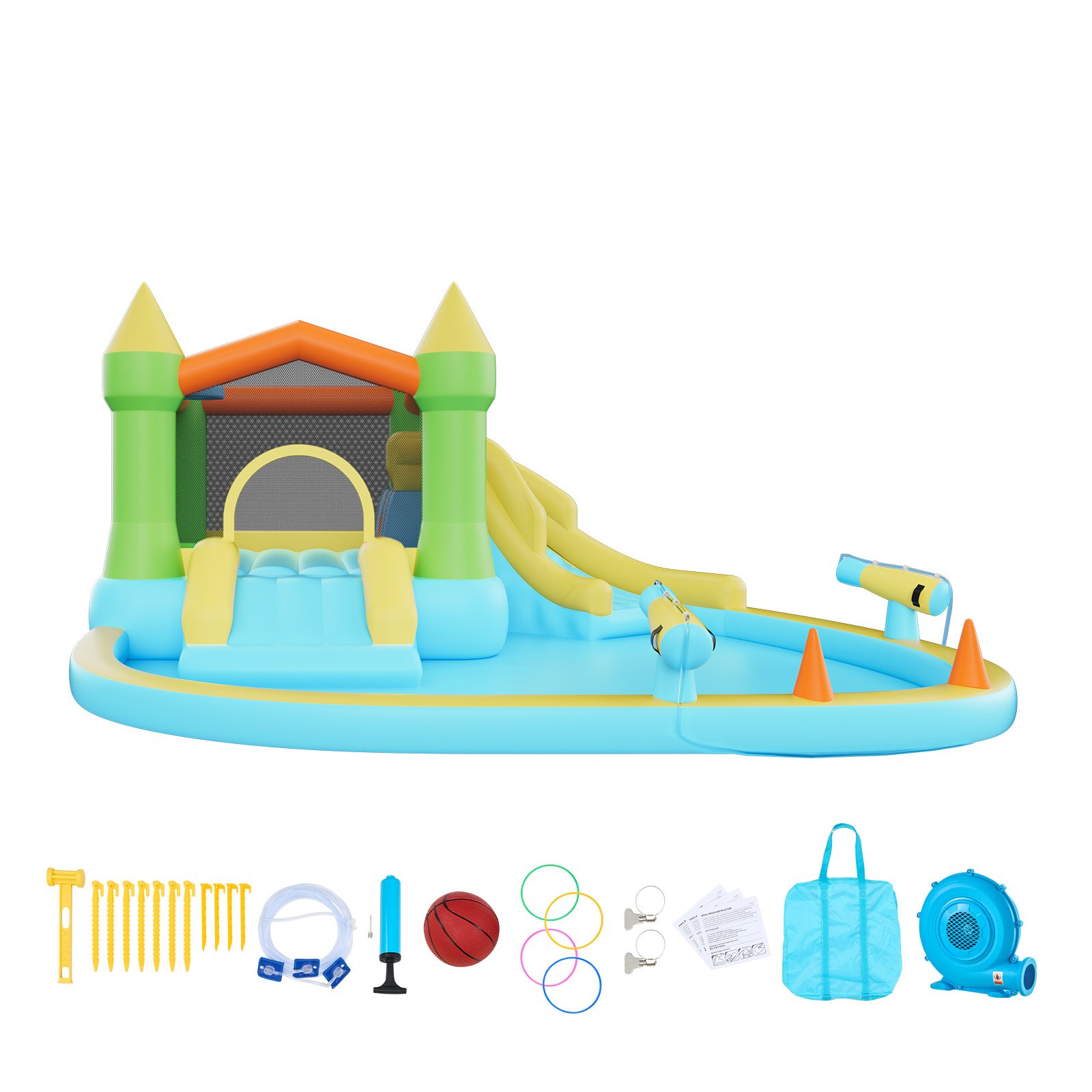 VEVOR Castillo Hinchable con Soplador 382 x 398 x 197 cm, Parque Infantil Inflable con 2 Toboganes Acuáticos, Aro de Baloncesto, Piscina de Chapoteo, Zona de Saltos, para 3 a 4 Niños de 3 a 8 Años