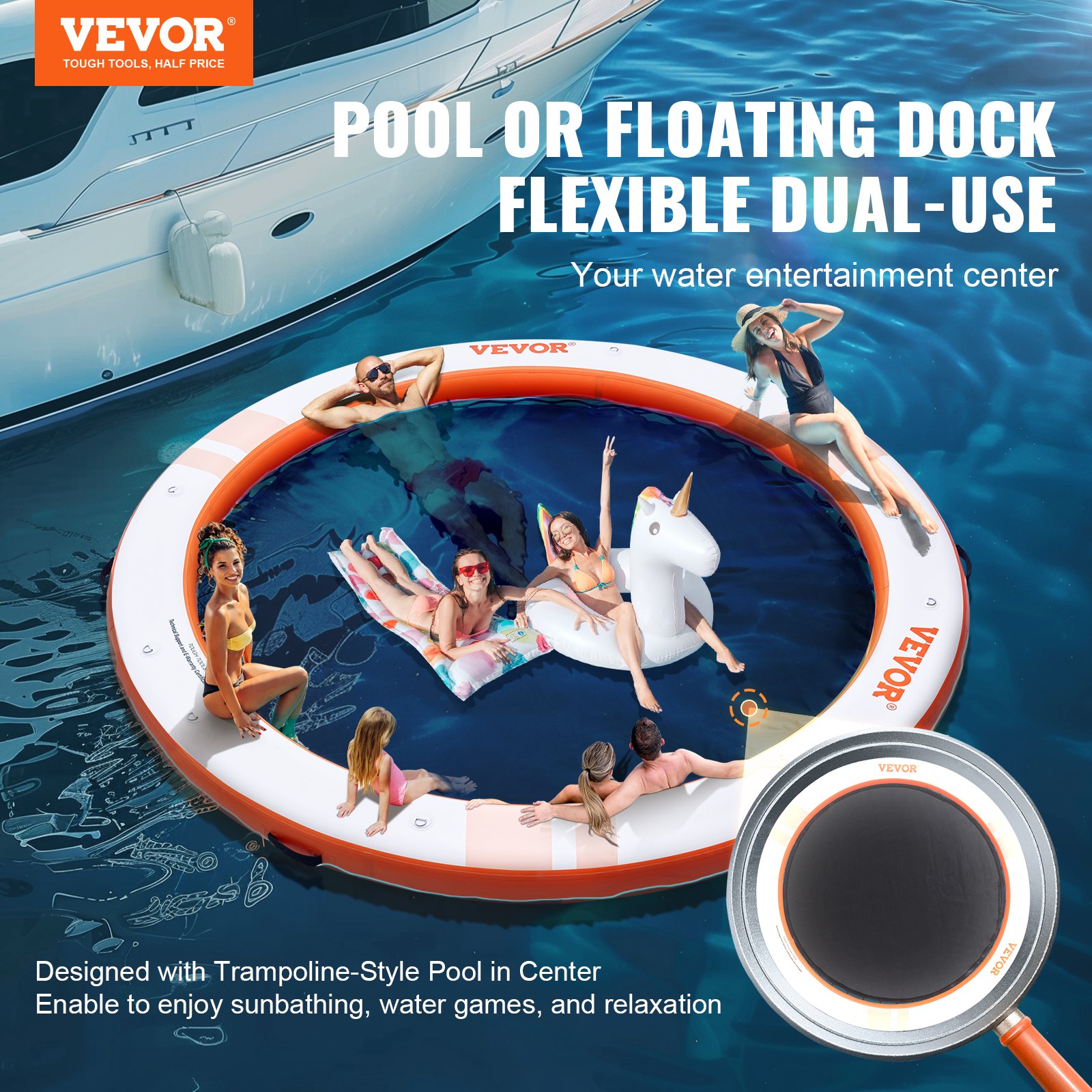 VEVOR Inflatable Floating Dock, ø3.04 m Dock Platform with ø2.4 m Trampoline Net Pool, Non-Slip Floating Platform Water Mat with Portable Bag and Detachable Ladder for Relaxing by the Pool