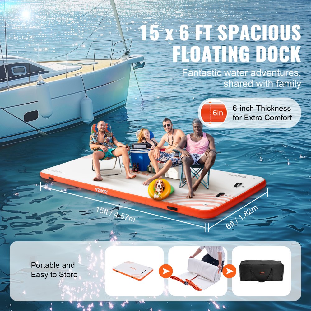VEVOR Muelle Flotante Hinchable 4,57 x 1,82 m Plataforma de Muelle Inflable Alfombrilla Flotante Antideslizante con Bolsa de Transporte Portátil Escalera Extraíble Balsa de Isla para Piscina, Playa