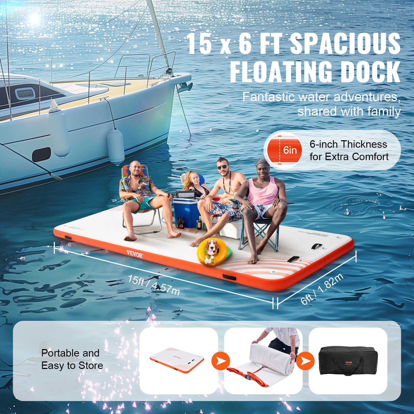 VEVOR Muelle Flotante Hinchable 4,57 x 1,82 m Plataforma de Muelle Inflable Alfombrilla Flotante Antideslizante con Bolsa de Transporte Portátil Escalera Extraíble Balsa de Isla para Piscina, Playa