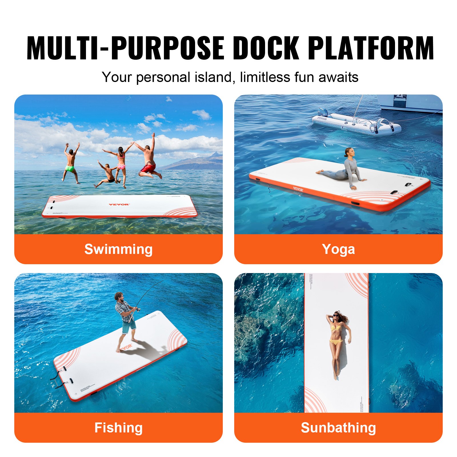 VEVOR Muelle Flotante Hinchable 4,57 x 1,82 m Plataforma de Muelle Inflable Alfombrilla Flotante Antideslizante con Bolsa de Transporte Portátil Escalera Extraíble Balsa de Isla para Piscina, Playa