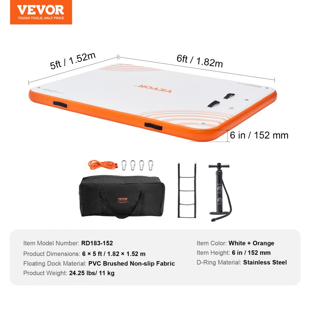 VEVOR Muelle Flotante Hinchable 1,82 x 1,52 m Plataforma de Muelle Inflable Alfombrilla Flotante Antideslizante con Bolsa de Transporte Portátil Escalera Extraíble Balsa de Isla para Piscina, Playa