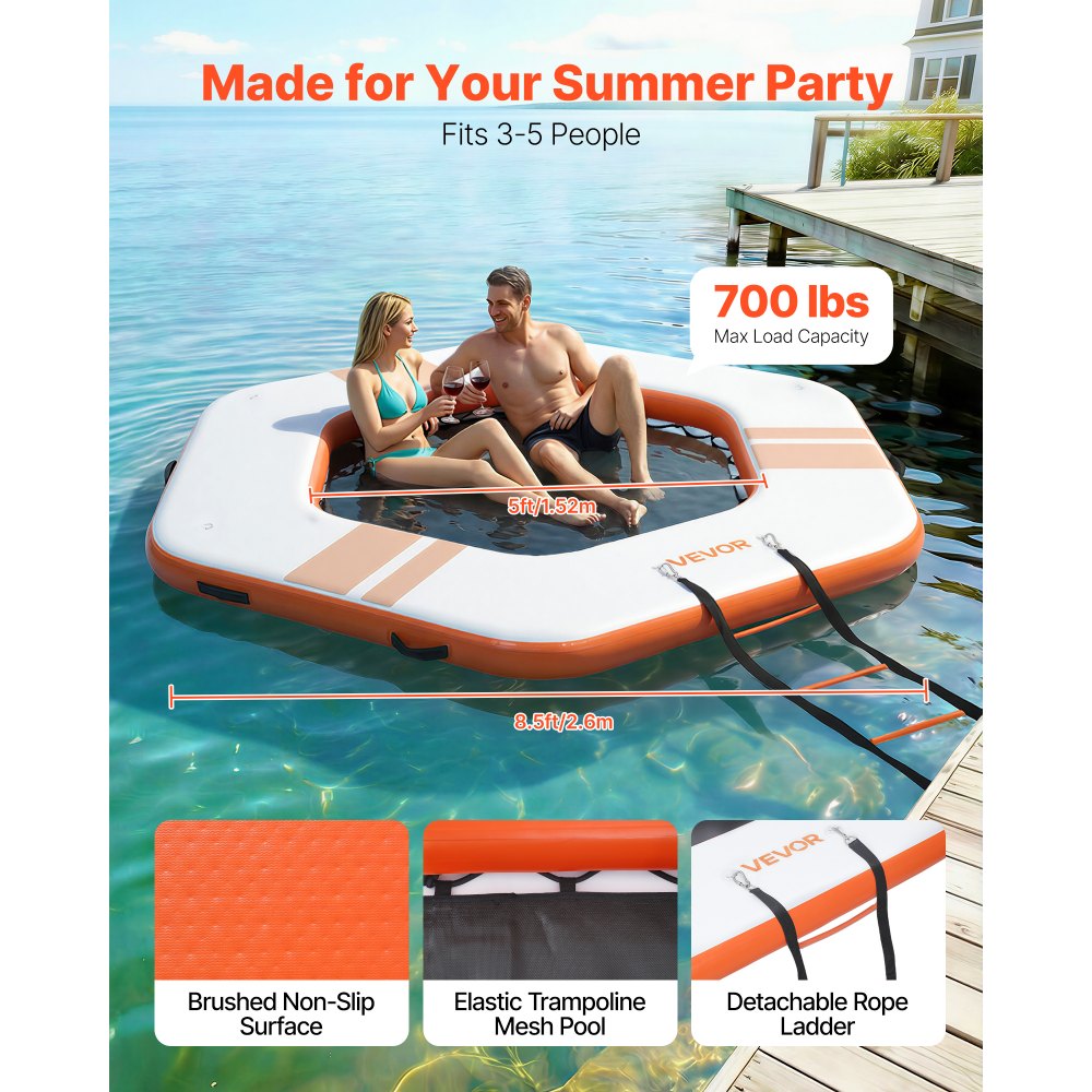 VEVOR Colchoneta para Piscina 2,6 x 2,6 m, Flotador Inflable Gigante de Forma Hexagonal, con Escalera Desmontable Centro de Malla Bolsa, Hamaca Inflable Isla de Agua para Playa Lago, Naranja y Blanco