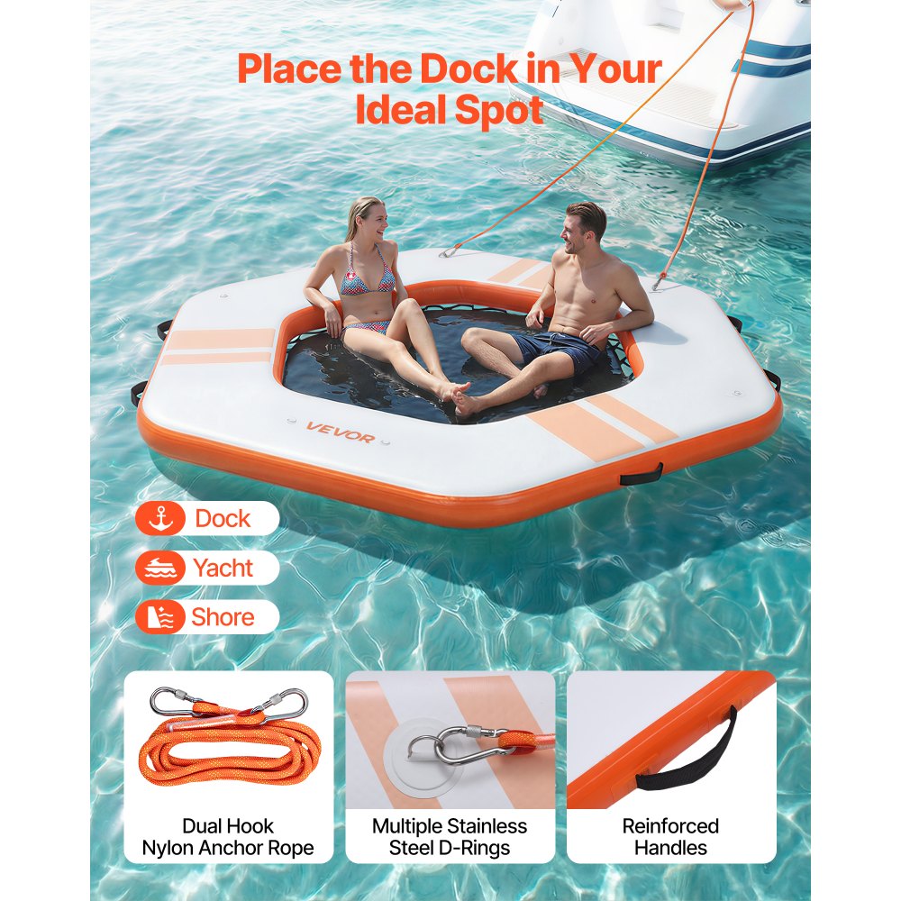 VEVOR Colchoneta para Piscina 2,6 x 2,6 m, Flotador Inflable Gigante de Forma Hexagonal, con Escalera Desmontable Centro de Malla Bolsa, Hamaca Inflable Isla de Agua para Playa Lago, Naranja y Blanco