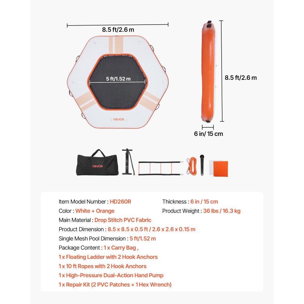 VEVOR Colchoneta para Piscina 2,6 x 2,6 m, Flotador Inflable Gigante de Forma Hexagonal, con Escalera Desmontable Centro de Malla Bolsa, Hamaca Inflable Isla de Agua para Playa Lago, Naranja y Blanco