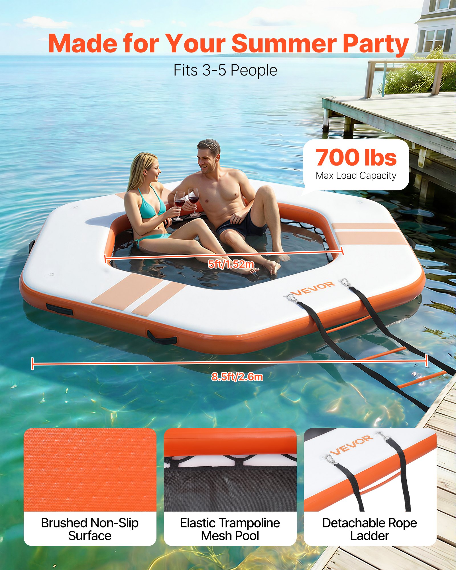 VEVOR Colchoneta para Piscina 2,6 x 2,6 m, Flotador Inflable Gigante de Forma Hexagonal, con Escalera Desmontable Centro de Malla Bolsa, Hamaca Inflable Isla de Agua para Playa Lago, Naranja y Blanco