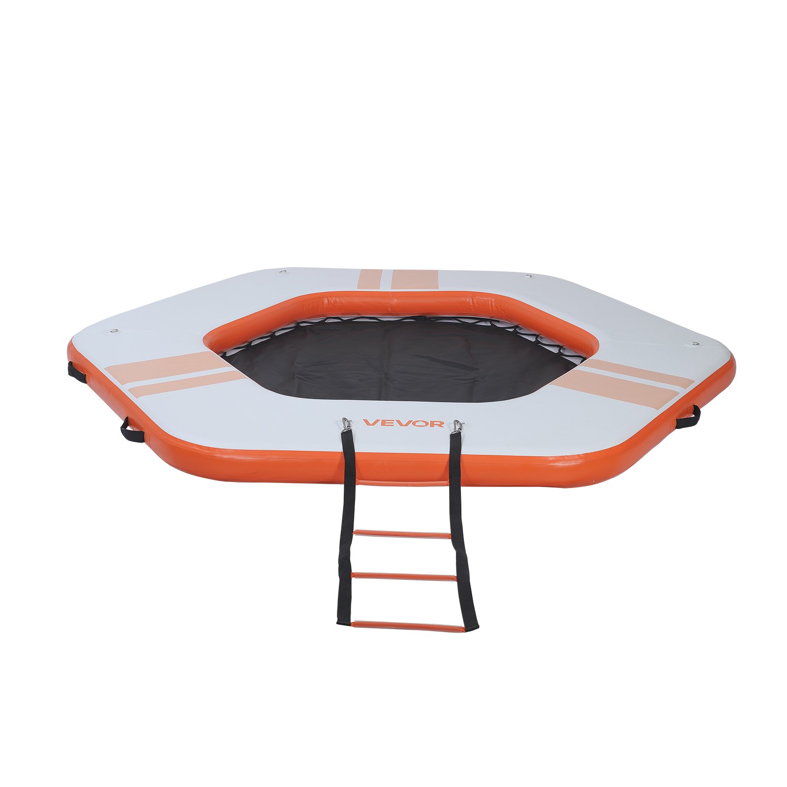 VEVOR Colchoneta para Piscina 2,6 x 2,6 m, Flotador Inflable Gigante de Forma Hexagonal, con Escalera Desmontable Centro de Malla Bolsa, Hamaca Inflable Isla de Agua para Playa Lago, Naranja y Blanco