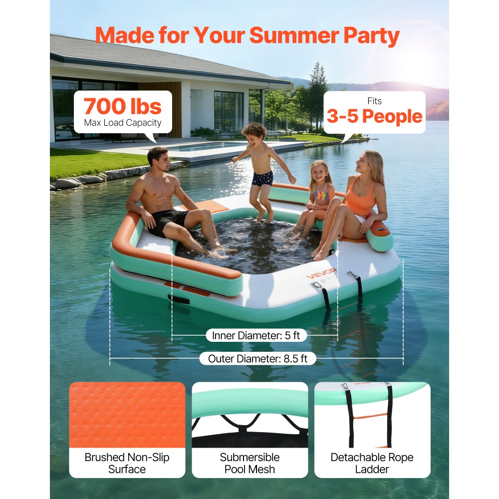 VEVOR Colchoneta para Piscina 2,6 x 2,6 m, Flotador Inflable Gigante en Forma de Hexágono, con Centro de Malla Escalera Desmontable Bomba Manual, Hamaca Inflable Isla de Agua para Piscina Playa Lago