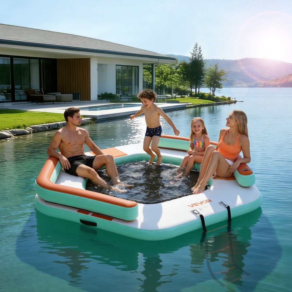 VEVOR Colchoneta para Piscina 2,6 x 2,6 m, Flotador Inflable Gigante en Forma de Hexágono, con Centro de Malla Escalera Desmontable Bomba Manual, Hamaca Inflable Isla de Agua para Piscina Playa Lago