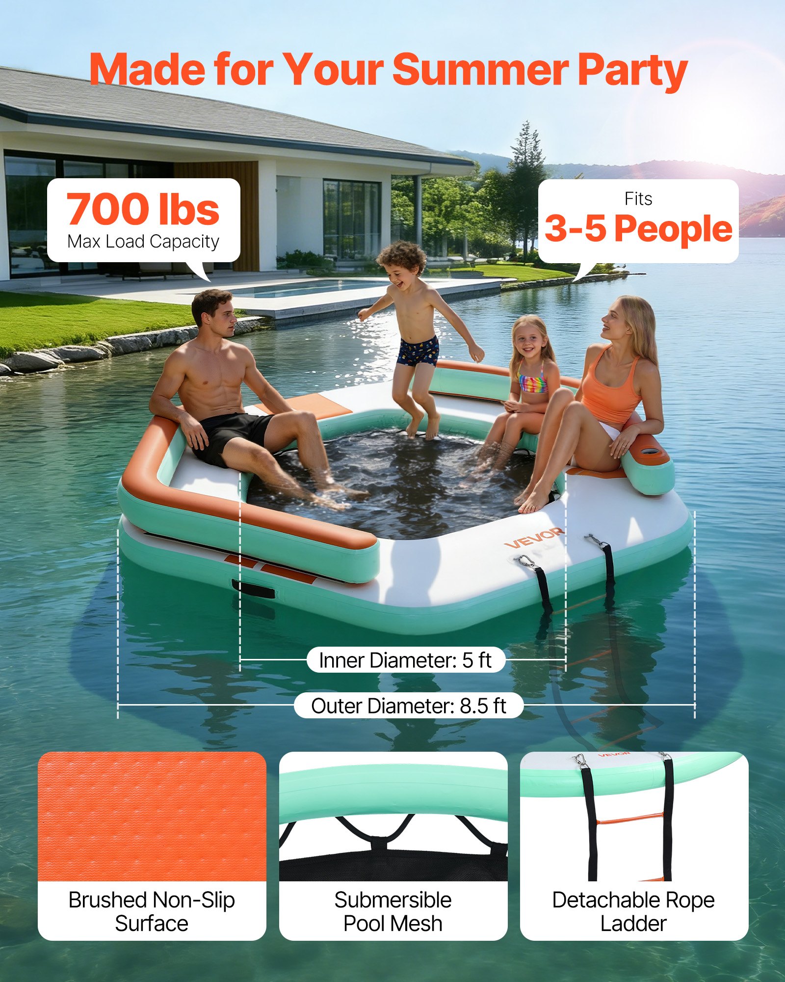 VEVOR Colchoneta para Piscina 2,6 x 2,6 m, Flotador Inflable Gigante en Forma de Hexágono, con Centro de Malla Escalera Desmontable Bomba Manual, Hamaca Inflable Isla de Agua para Piscina Playa Lago