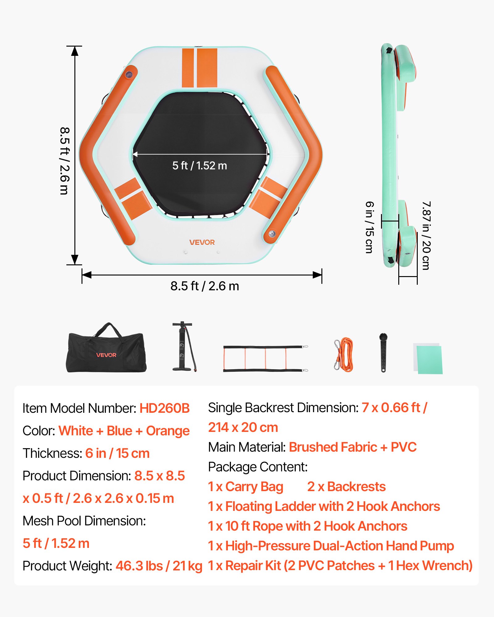 VEVOR Colchoneta para Piscina 2,6 x 2,6 m, Flotador Inflable Gigante en Forma de Hexágono, con Centro de Malla Escalera Desmontable Bomba Manual, Hamaca Inflable Isla de Agua para Piscina Playa Lago