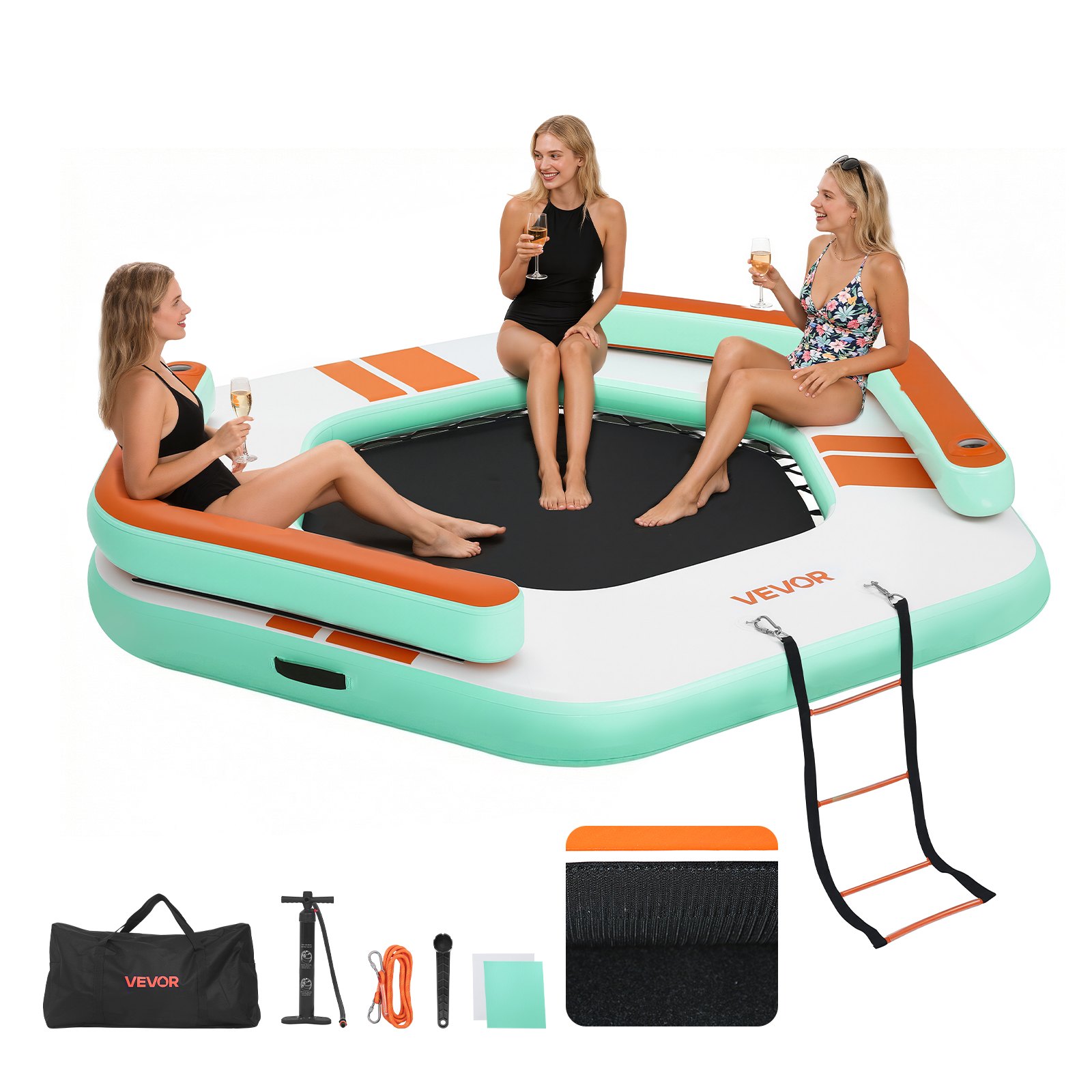 VEVOR Colchoneta para Piscina 2,6 x 2,6 m, Flotador Inflable Gigante en Forma de Hexágono, con Centro de Malla Escalera Desmontable Bomba Manual, Hamaca Inflable Isla de Agua para Piscina Playa Lago