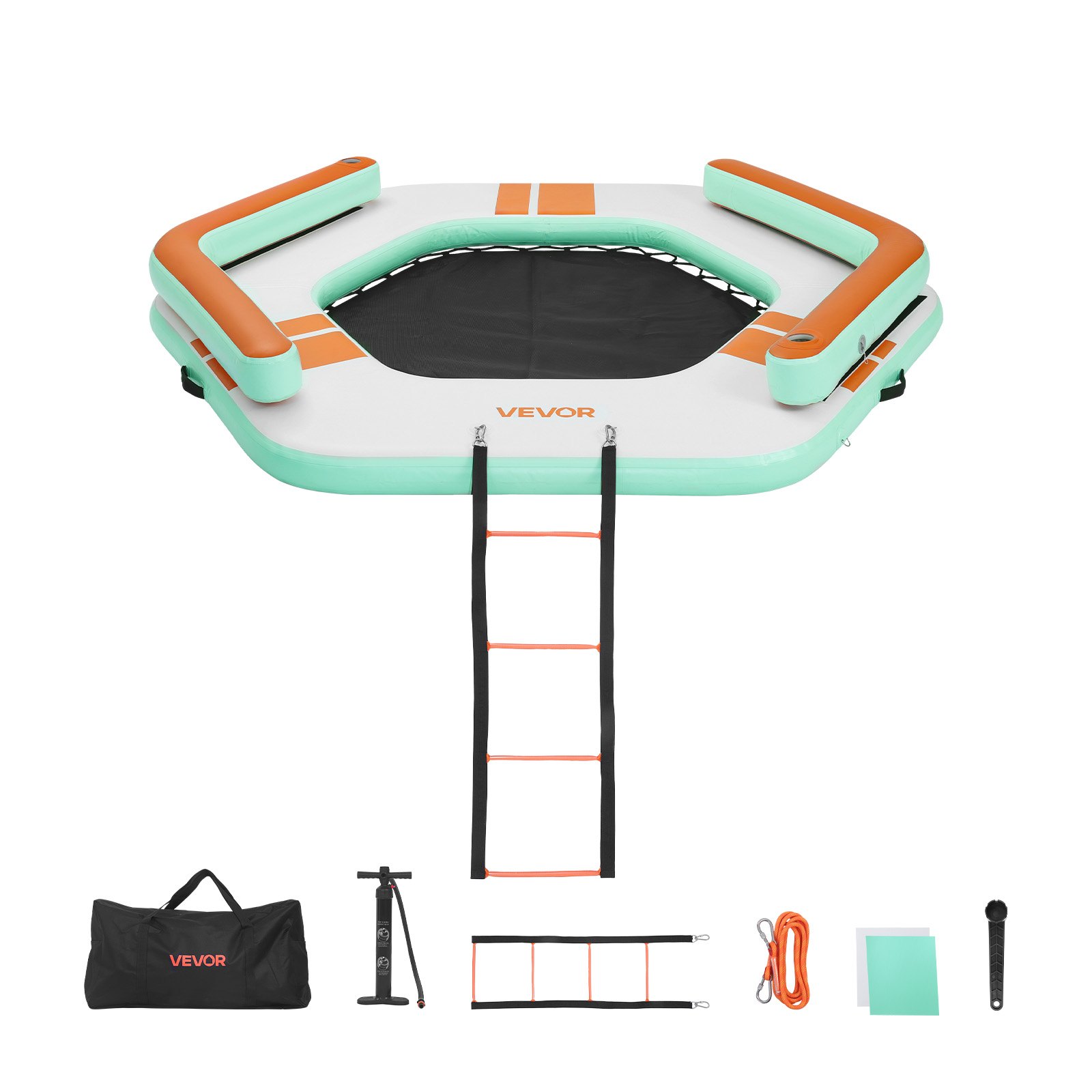 VEVOR Colchoneta para Piscina 2,6 x 2,6 m, Flotador Inflable Gigante en Forma de Hexágono, con Centro de Malla Escalera Desmontable Bomba Manual, Hamaca Inflable Isla de Agua para Piscina Playa Lago