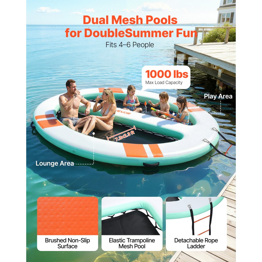 VEVOR Colchoneta para Piscina 3,05 x 2,44 m, Flotador Inflable Gigante Redondeado, con Malla Escalera Desmontable Bolsa Portátil Bomba Manual, Isla de Agua Hamaca Inflable para Playa Piscina Lago Mar