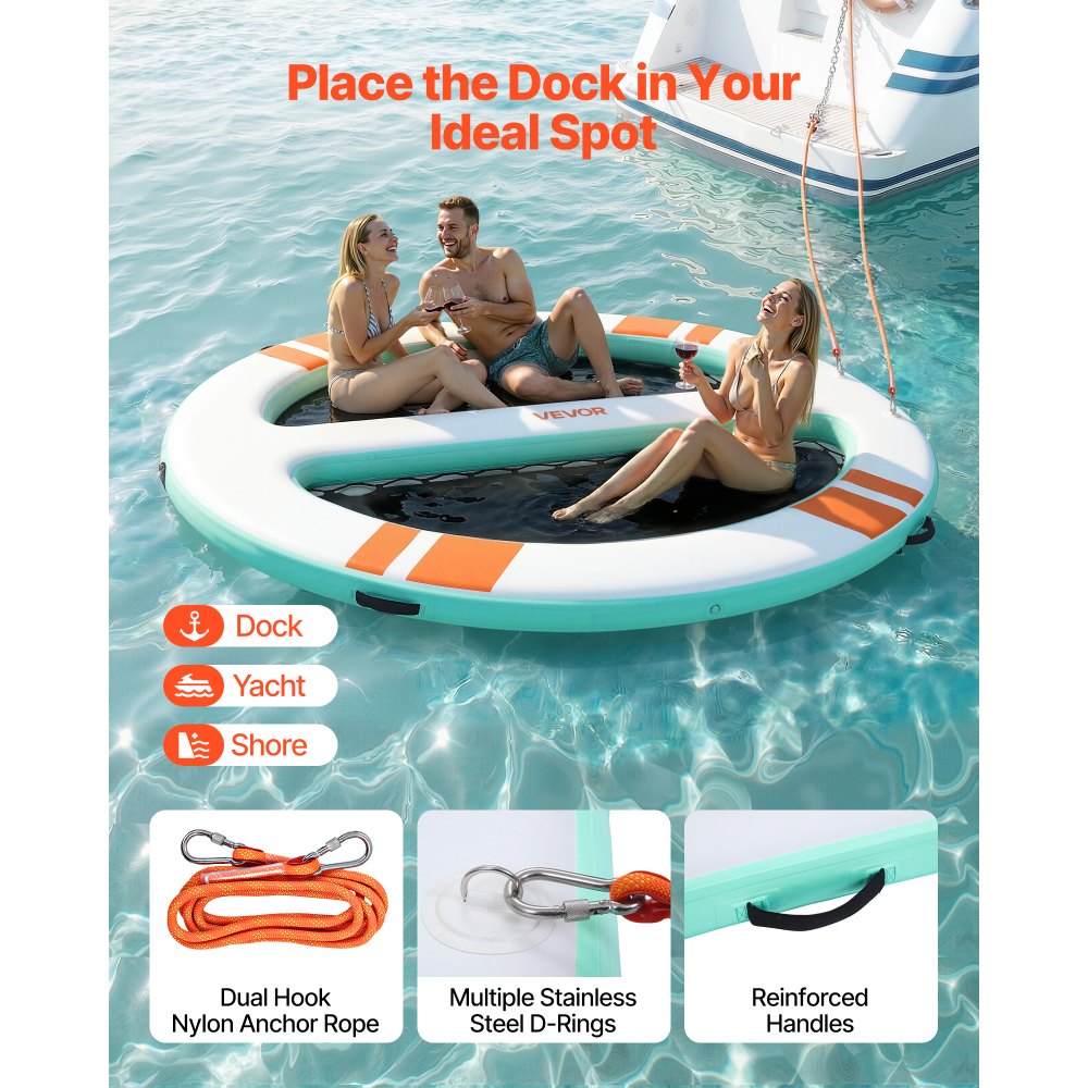 VEVOR Colchoneta para Piscina 3,05 x 2,44 m, Flotador Inflable Gigante Redondeado, con Malla Escalera Desmontable Bolsa Portátil Bomba Manual, Isla de Agua Hamaca Inflable para Playa Piscina Lago Mar