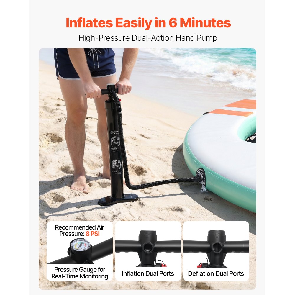 VEVOR Colchoneta para Piscina 3,05 x 2,44 m, Flotador Inflable Gigante Redondeado, con Malla Escalera Desmontable Bolsa Portátil Bomba Manual, Isla de Agua Hamaca Inflable para Playa Piscina Lago Mar