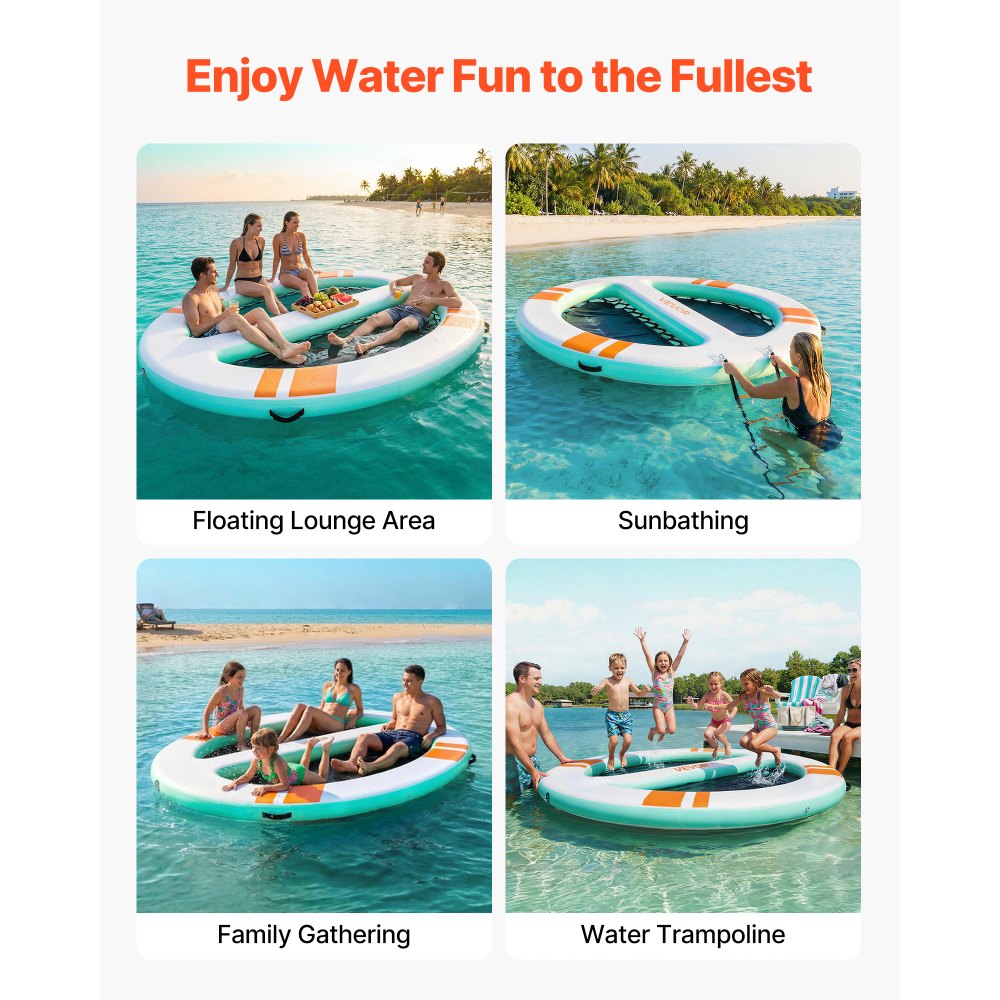 VEVOR Colchoneta para Piscina 3,05 x 2,44 m, Flotador Inflable Gigante Redondeado, con Malla Escalera Desmontable Bolsa Portátil Bomba Manual, Isla de Agua Hamaca Inflable para Playa Piscina Lago Mar