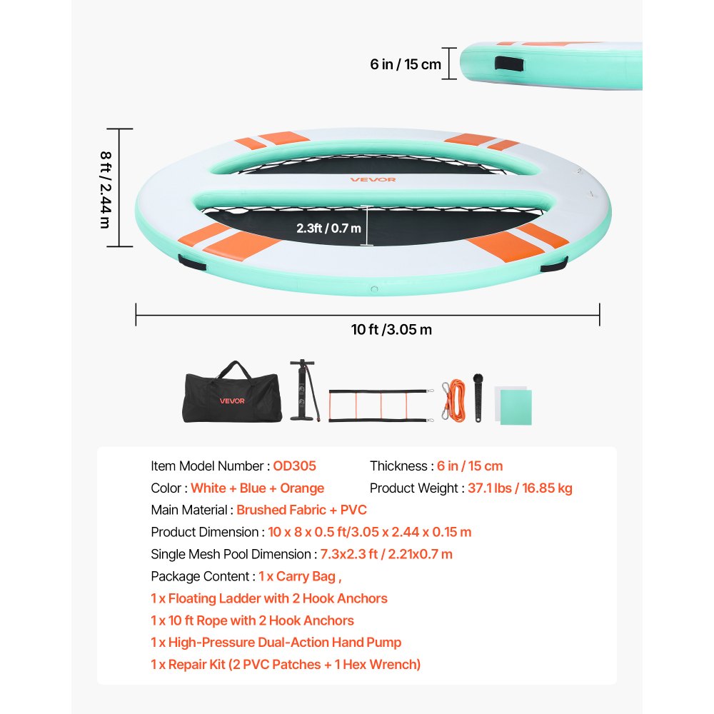 VEVOR Colchoneta para Piscina 3,05 x 2,44 m, Flotador Inflable Gigante Redondeado, con Malla Escalera Desmontable Bolsa Portátil Bomba Manual, Isla de Agua Hamaca Inflable para Playa Piscina Lago Mar