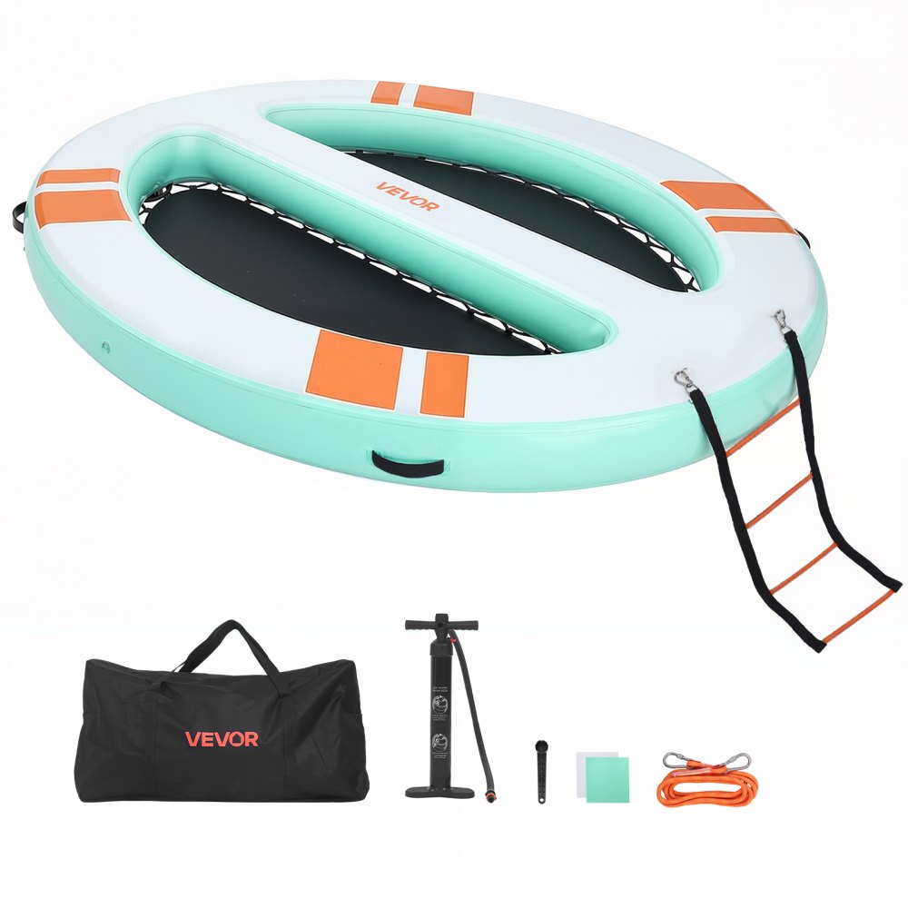 VEVOR Colchoneta para Piscina 3,05 x 2,44 m, Flotador Inflable Gigante Redondeado, con Malla Escalera Desmontable Bolsa Portátil Bomba Manual, Isla de Agua Hamaca Inflable para Playa Piscina Lago Mar