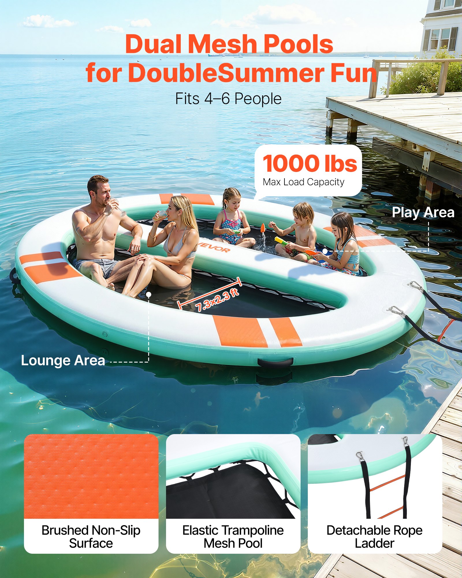 VEVOR Colchoneta para Piscina 3,05 x 2,44 m, Flotador Inflable Gigante Redondeado, con Malla Escalera Desmontable Bolsa Portátil Bomba Manual, Isla de Agua Hamaca Inflable para Playa Piscina Lago Mar