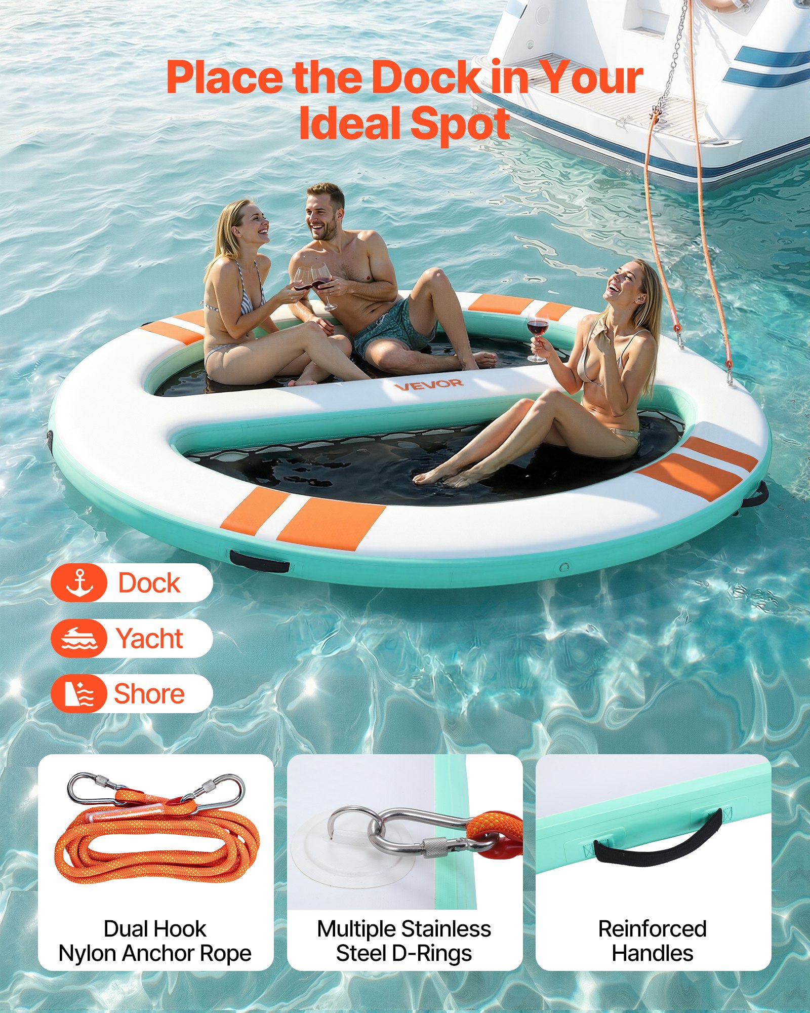 VEVOR Colchoneta para Piscina 3,05 x 2,44 m, Flotador Inflable Gigante Redondeado, con Malla Escalera Desmontable Bolsa Portátil Bomba Manual, Isla de Agua Hamaca Inflable para Playa Piscina Lago Mar