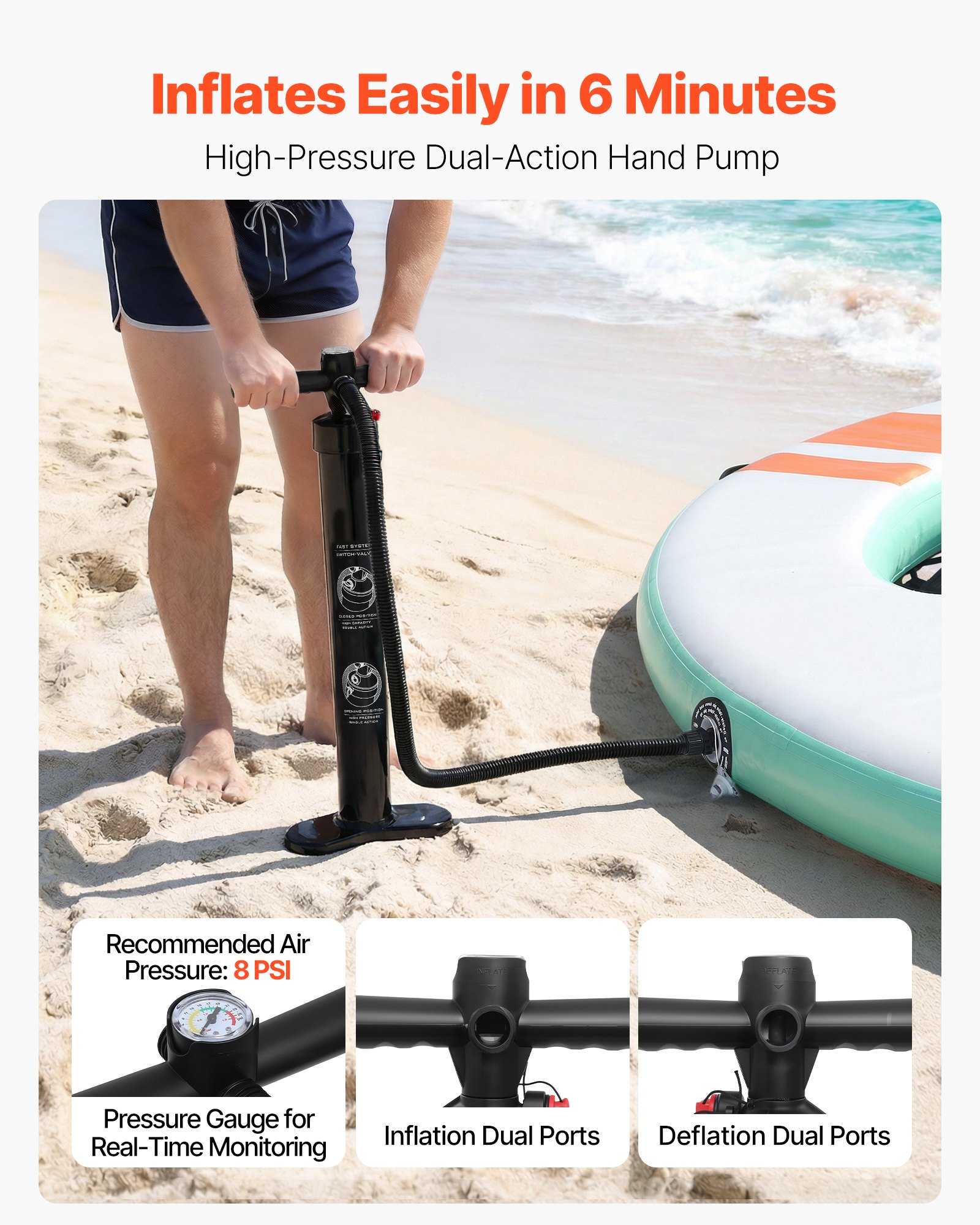 VEVOR Colchoneta para Piscina 3,05 x 2,44 m, Flotador Inflable Gigante Redondeado, con Malla Escalera Desmontable Bolsa Portátil Bomba Manual, Isla de Agua Hamaca Inflable para Playa Piscina Lago Mar