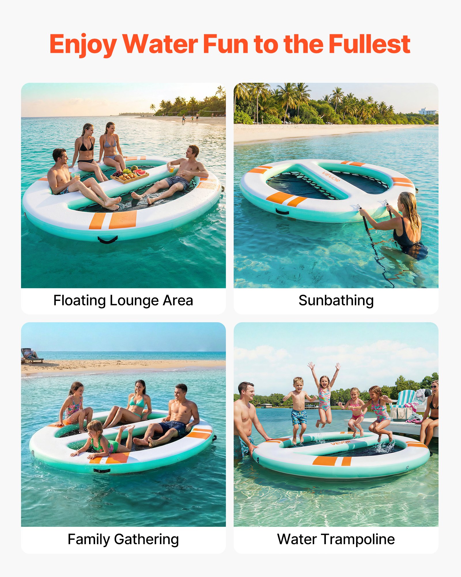 VEVOR Colchoneta para Piscina 3,05 x 2,44 m, Flotador Inflable Gigante Redondeado, con Malla Escalera Desmontable Bolsa Portátil Bomba Manual, Isla de Agua Hamaca Inflable para Playa Piscina Lago Mar